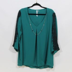 NY Collection Emerald Green w/ Black Lace Accent 3/4 Sleeve Shirt Size 2X NWOT